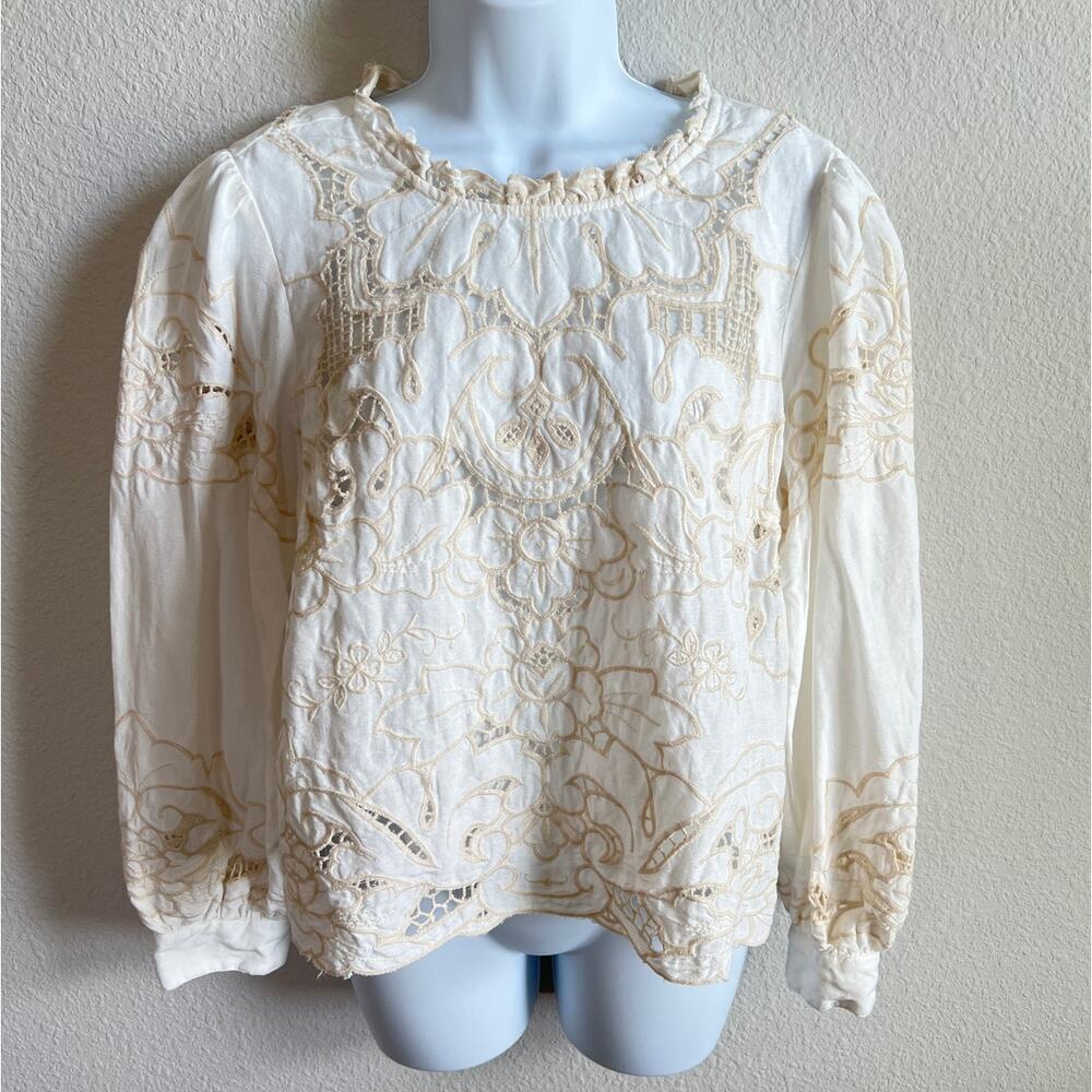 Anthropologie Lainie Cream Long Sleeve Lace Cutwork Blouse Women's Medium Linen - Picture 3 of 9